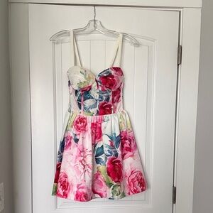 Strapless Floral Sweetheart Fit & Flare Dress - Pink/Cream